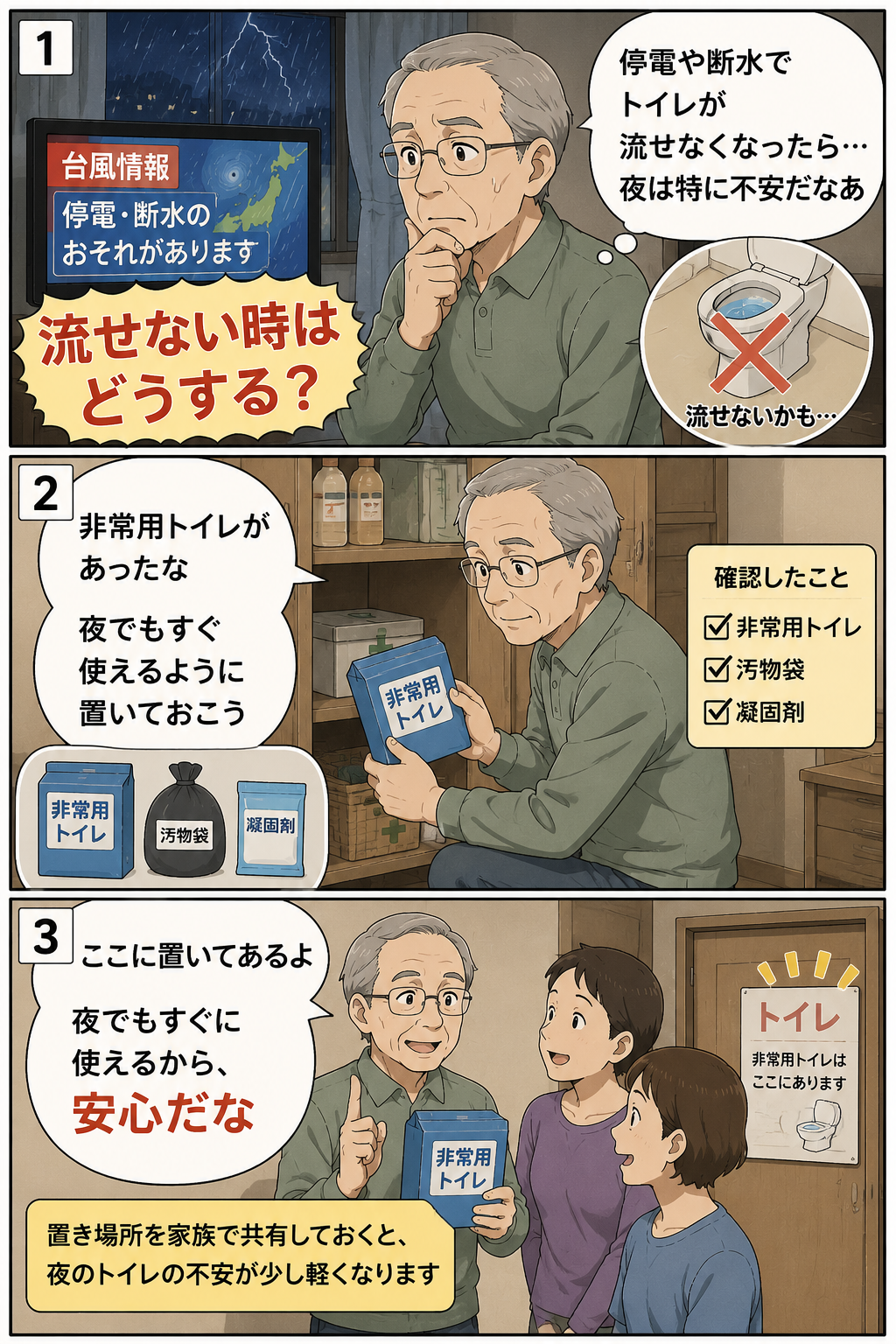 台風で断水しそうな時に高齢男性が非常用トイレを確認し、家族と置き場所を共有する漫画