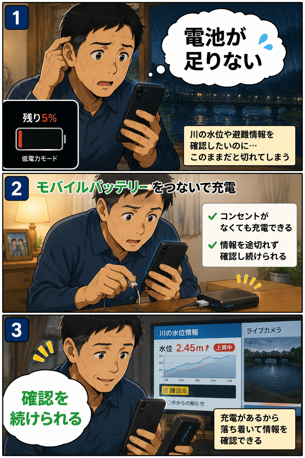 スマホ残量5%で焦る父親がモバイルバッテリーで充電しながら避難情報を確認する漫画
