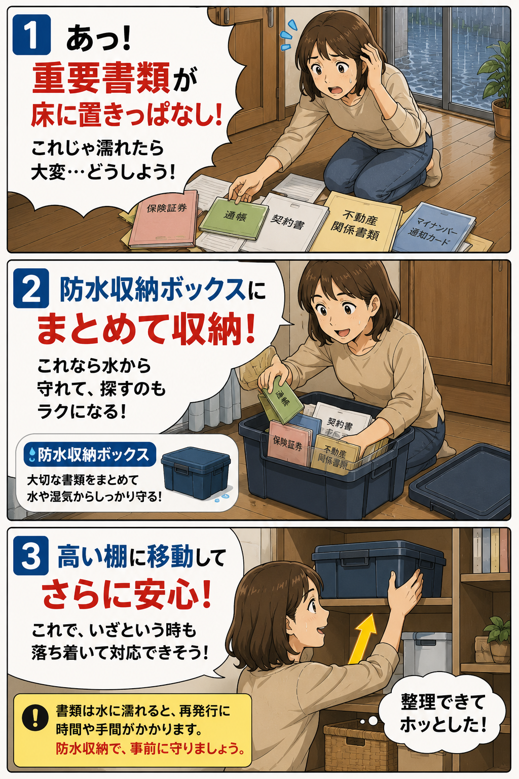 重要書類を防水収納ボックスにまとめて高い棚へ移動する母親の漫画