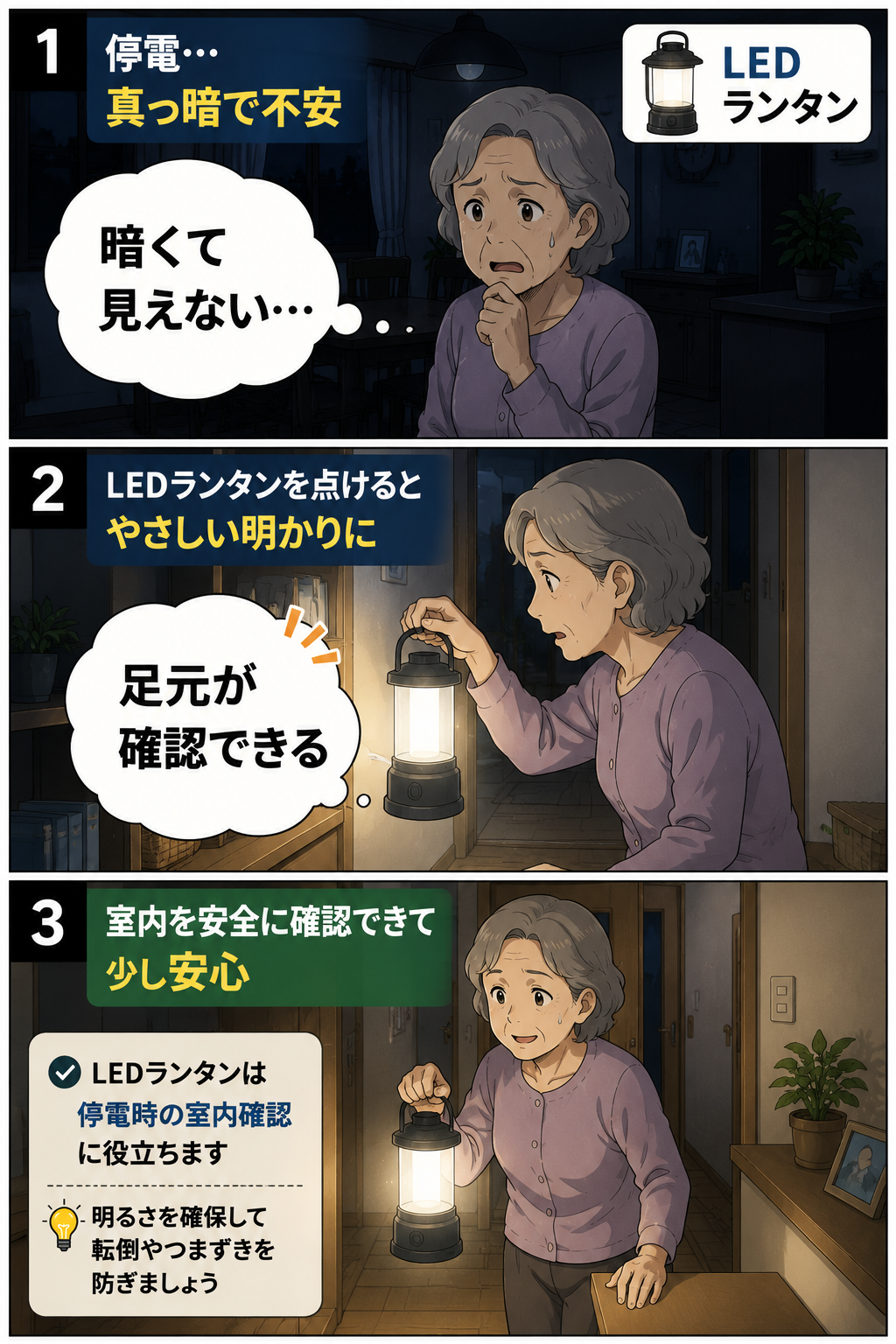 停電した夜にLEDランタンで足元を確認しながら移動する祖母