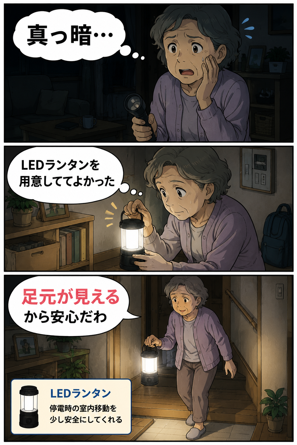 停電中の暗い室内で祖母がLEDランタンを使い足元を確認する漫画