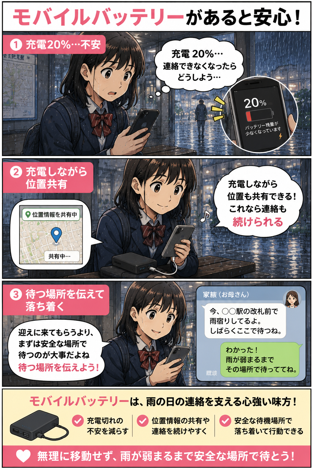雨宿り中の高校生がモバイルバッテリーで充電しながら家族へ待機場所を連絡する漫画