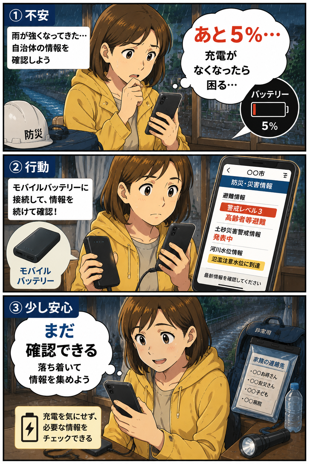 豪雨時にモバイルバッテリーでスマホを充電しながら自治体情報を確認する母親の3コマ漫画
