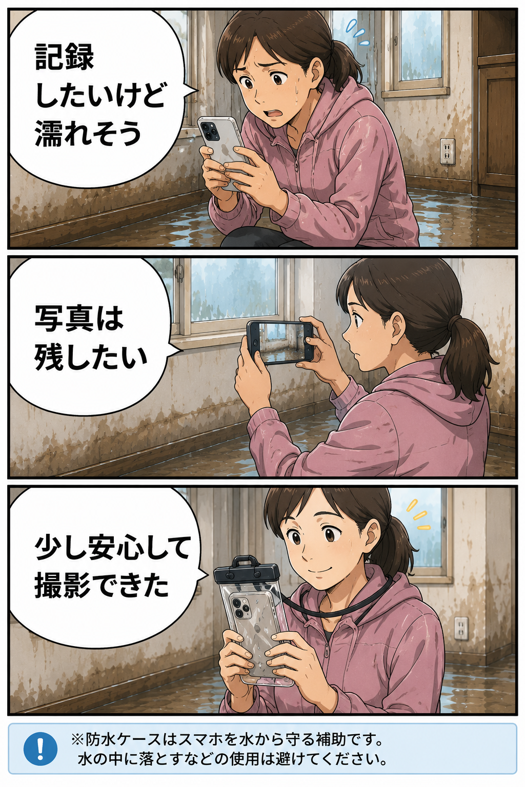 浸水跡を撮影する母親が防水スマホケースでスマホを濡れから守る3コマ漫画