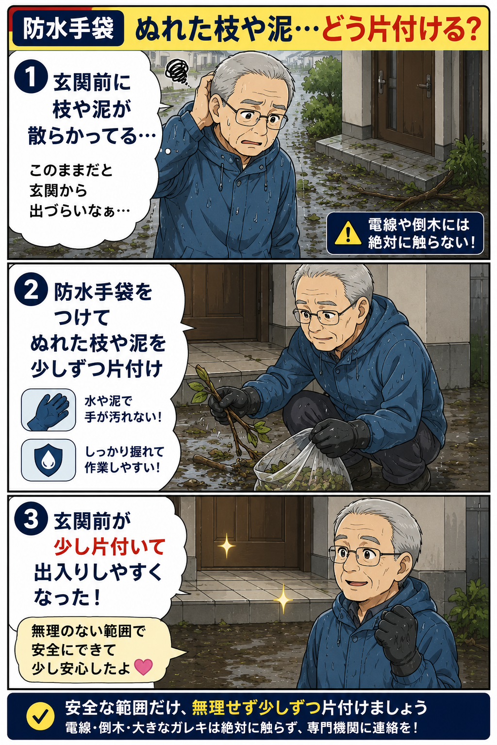 防水手袋を使い玄関前の枝や泥を安全な範囲で片付ける祖父の漫画