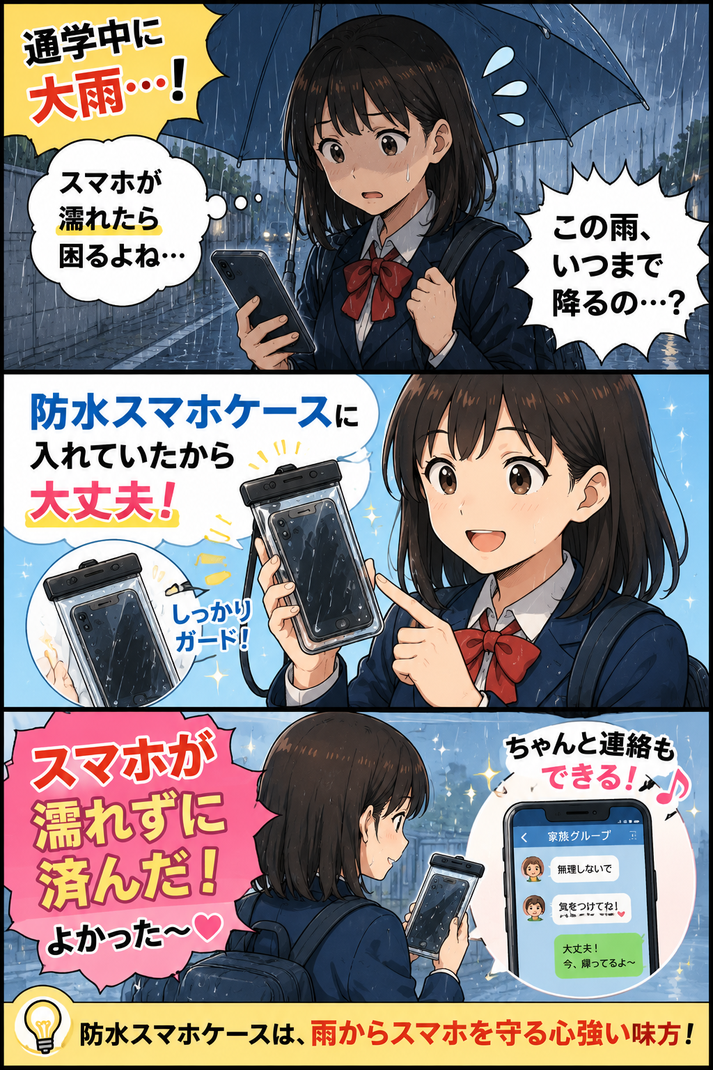 通学中の高校生が防水スマホケースでスマホを雨から守る漫画