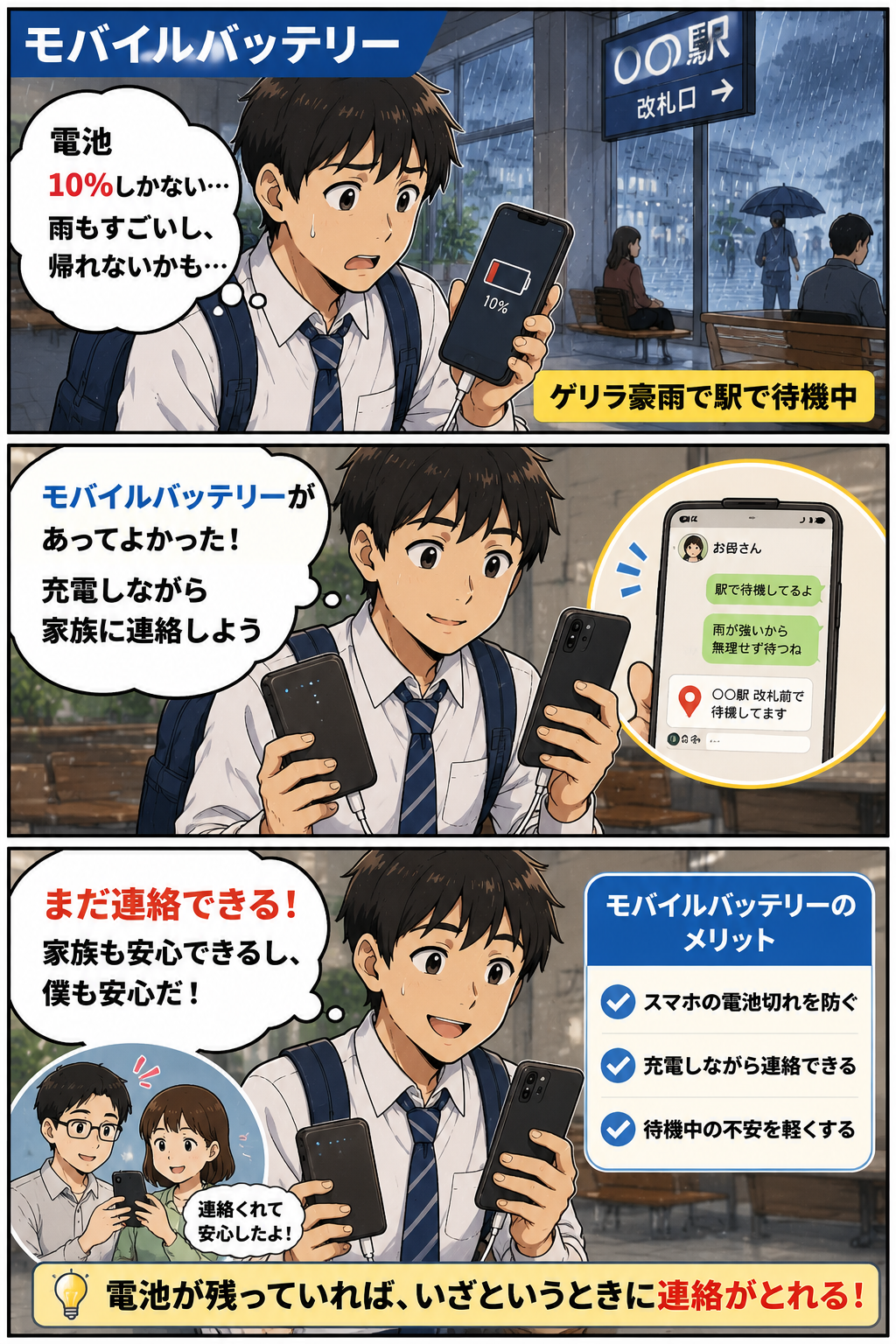 ゲリラ豪雨で駅に待機中の高校生がモバイルバッテリーで充電しながら家族へ連絡する漫画