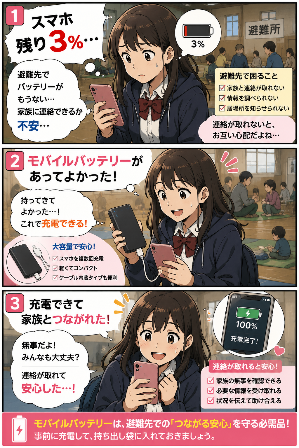 避難先でスマホ残量が少なくなった高校生がモバイルバッテリーで充電し家族と連絡を続ける漫画