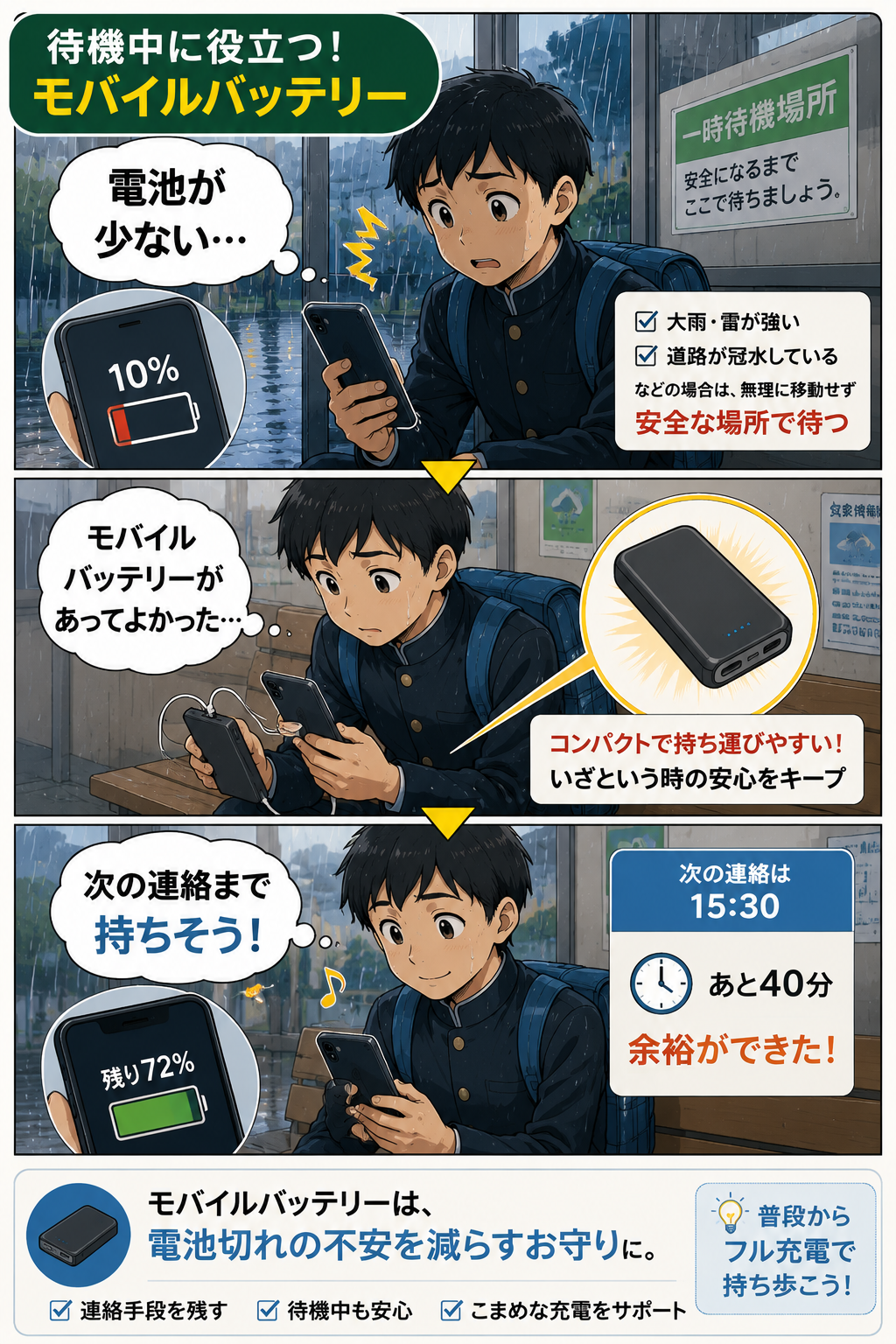 ゲリラ豪雨で待機中の中学生がモバイルバッテリーでスマホの電池切れ対策をする商品紹介漫画