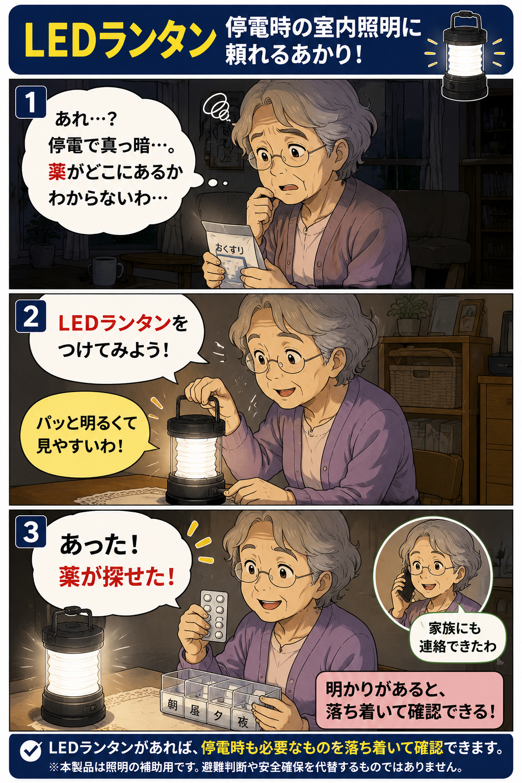 停電時に祖母がLEDランタンの明かりで薬を探せた漫画