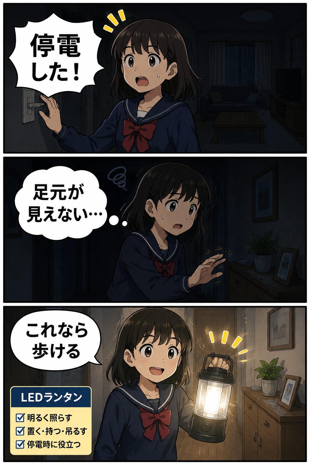 停電時に中学生の娘がLEDランタンで足元を照らして室内を歩く不安を軽くしている漫画