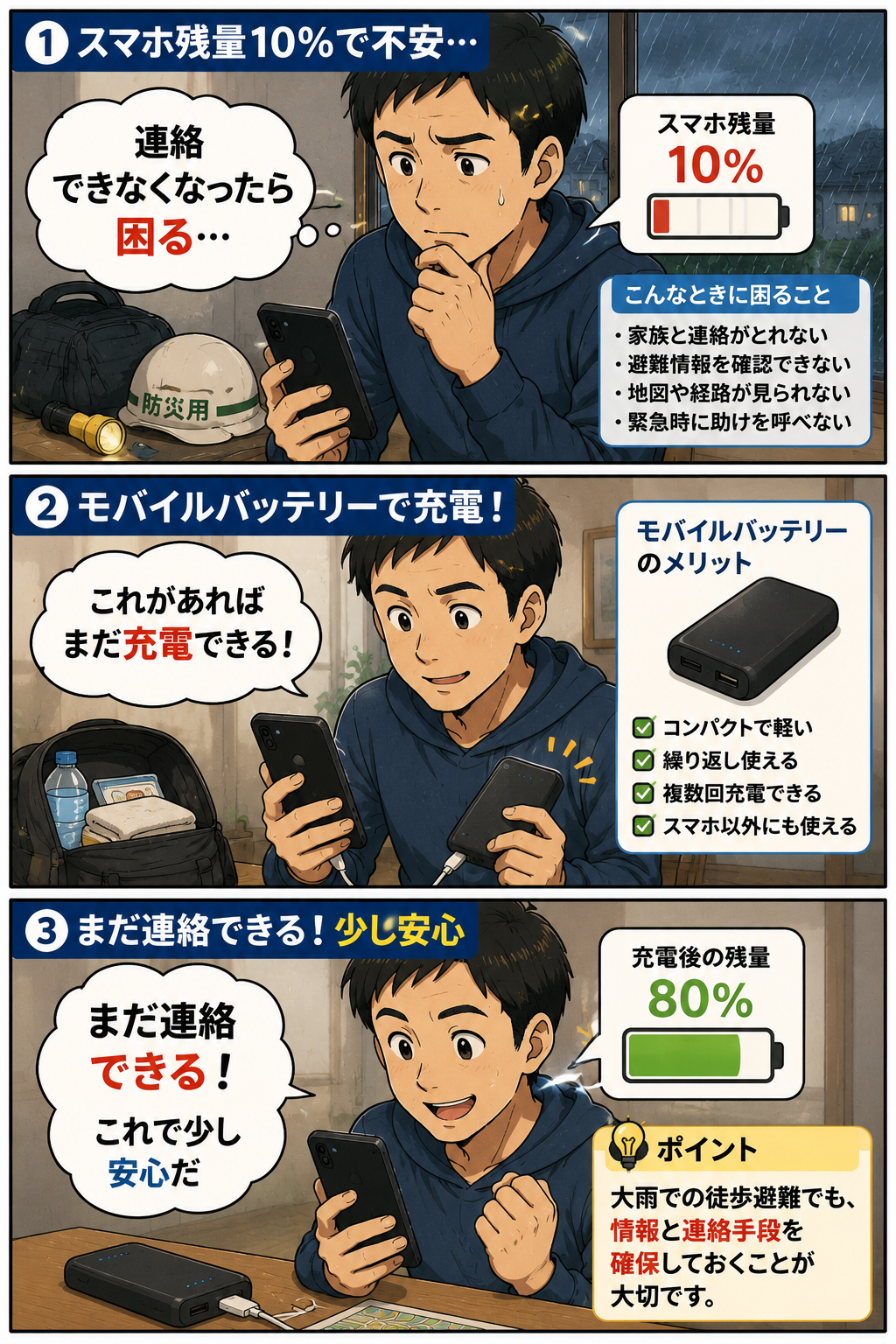 大雨時に父親がモバイルバッテリーでスマホを充電し連絡を続ける漫画
