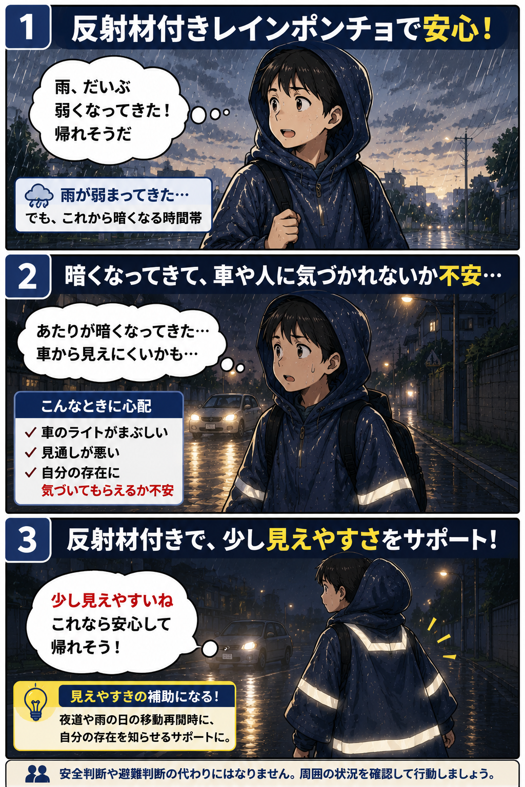 雨が弱まった後の暗い道で反射材付きレインポンチョが見えやすさを補助する漫画