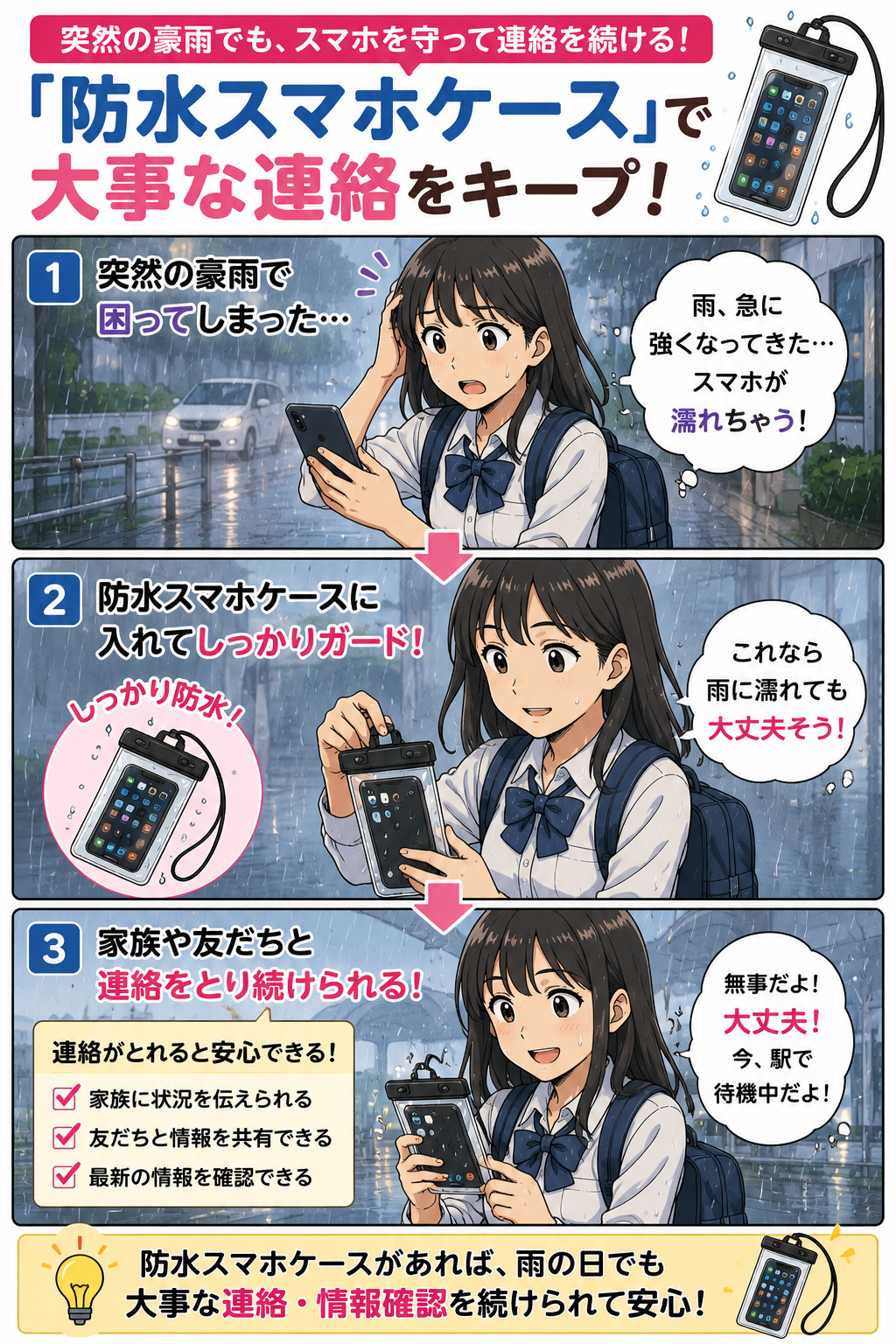 突然の豪雨でスマホを防水スマホケースに入れて連絡手段を守る高校生の娘の漫画