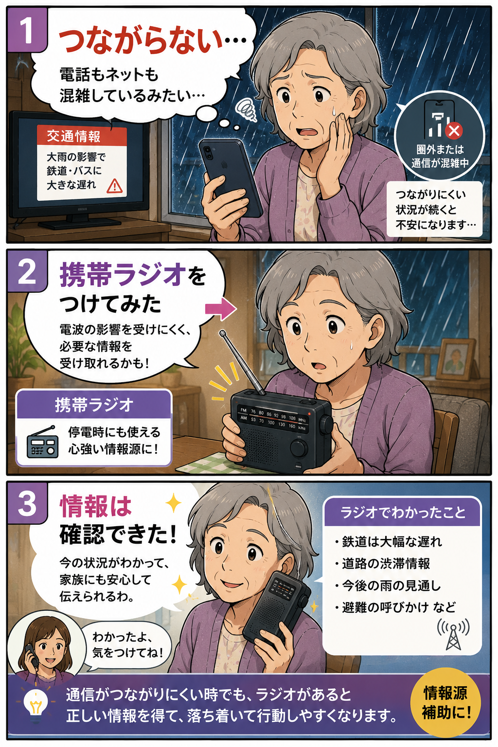 大雨で通信が混み合う時に携帯ラジオで情報を確認する祖母の漫画