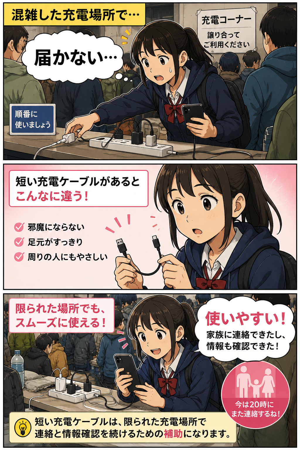 避難所の混雑した充電場所で高校生の娘が短い充電ケーブルを使いやすいと感じる漫画