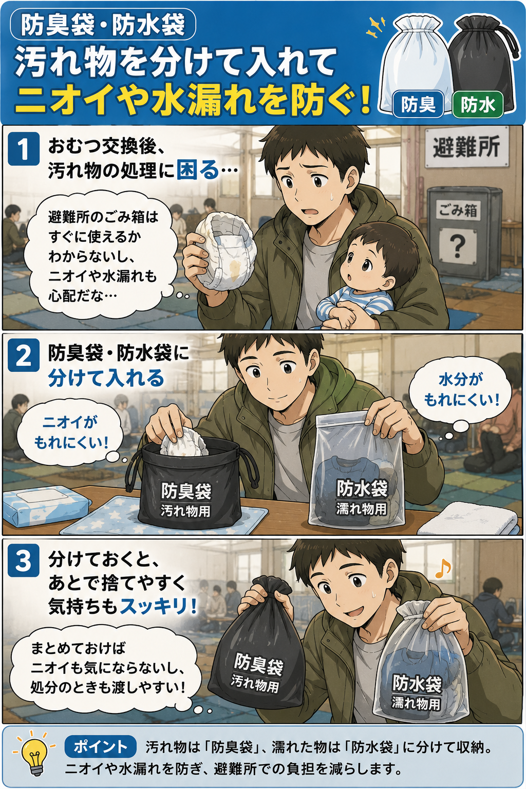 避難所で父親がおむつ交換後の汚れ物を防臭袋と防水袋に分けて収納する漫画