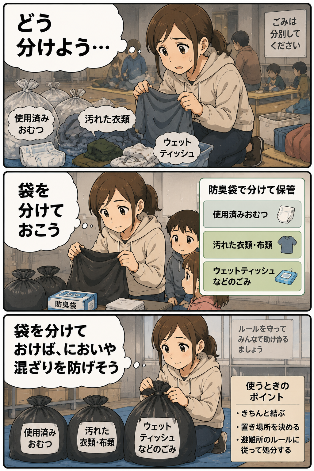 避難所で母親が汚れ物を防臭袋で分けて保管する商品紹介漫画