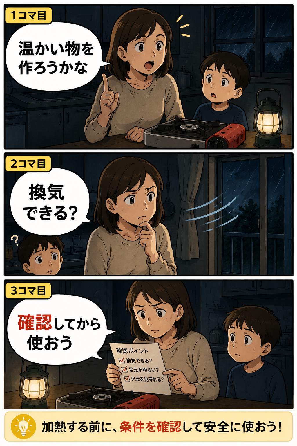 停電中に母親がカセットコンロを使う前に換気などの条件を確認している3コマ漫画