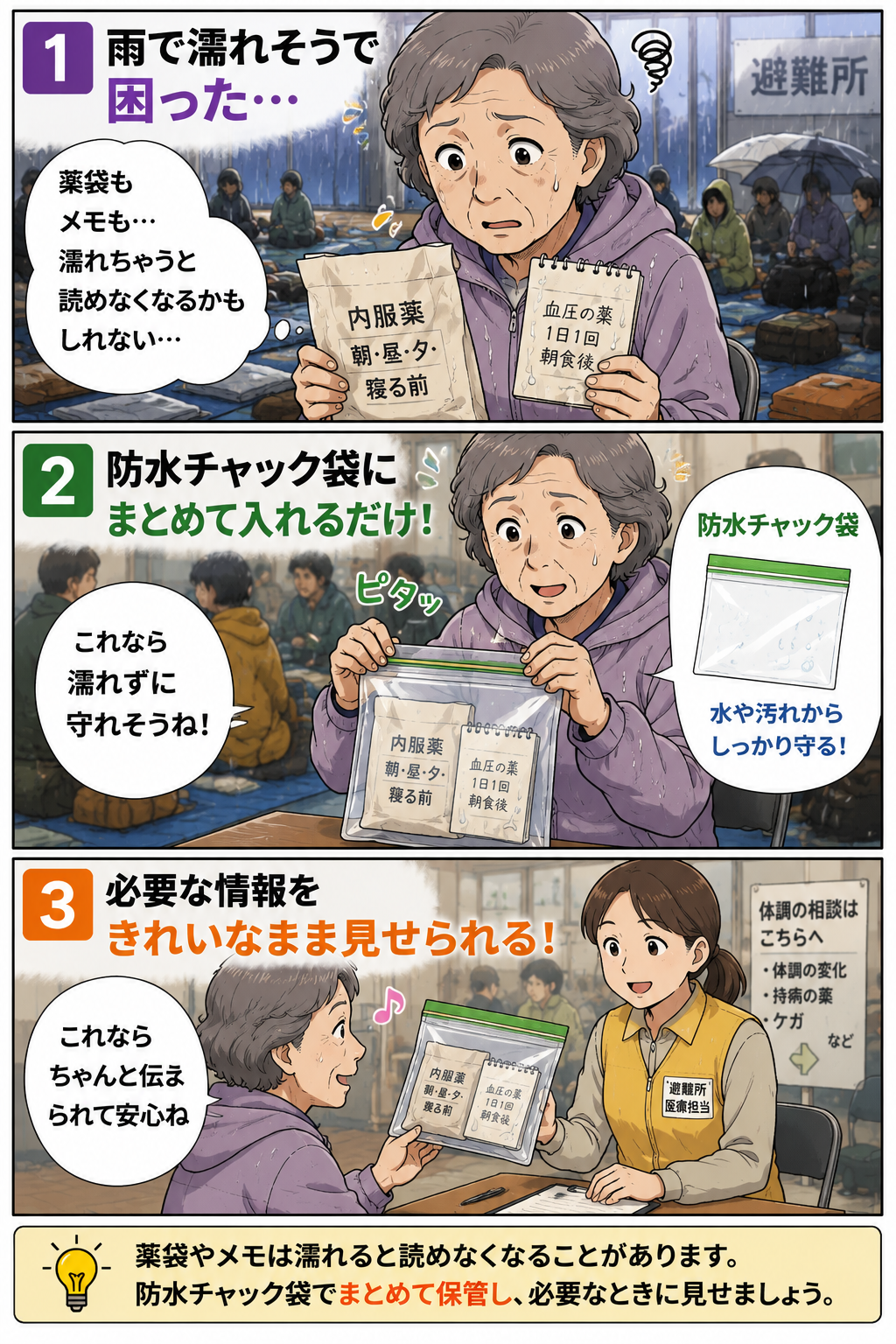 雨天避難時に防水チャック袋で薬袋やメモを濡れから守る祖母の漫画