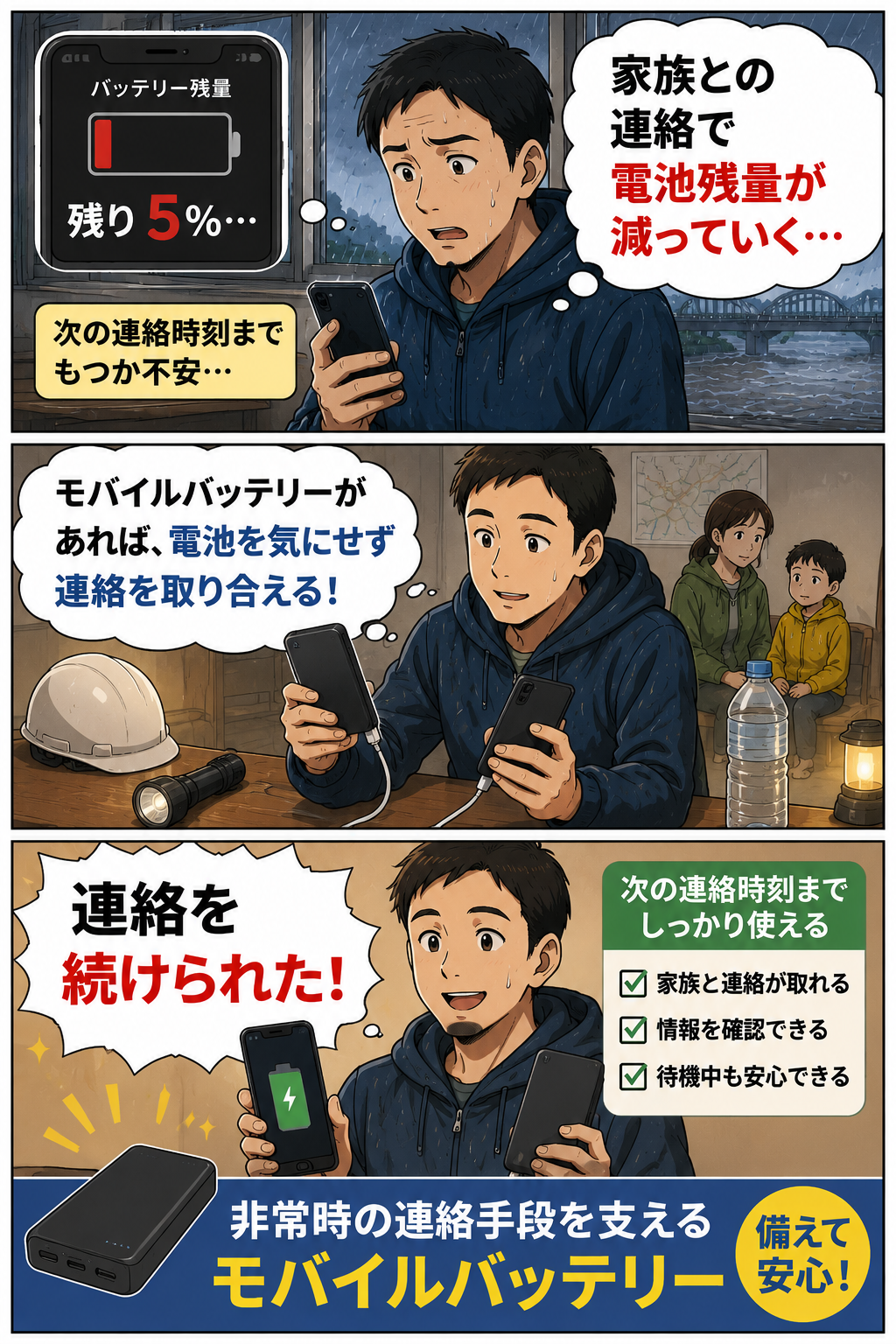 スマホの電池残量が少ない父親がモバイルバッテリーで家族連絡を続ける漫画
