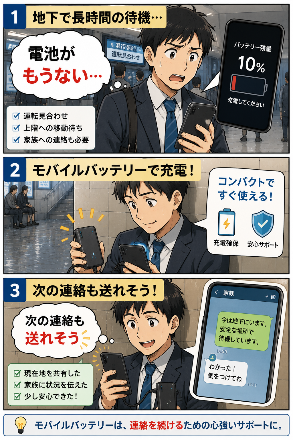 地下で長時間待機中にモバイルバッテリーでスマホ充電し家族連絡を続ける会社員男性の漫画