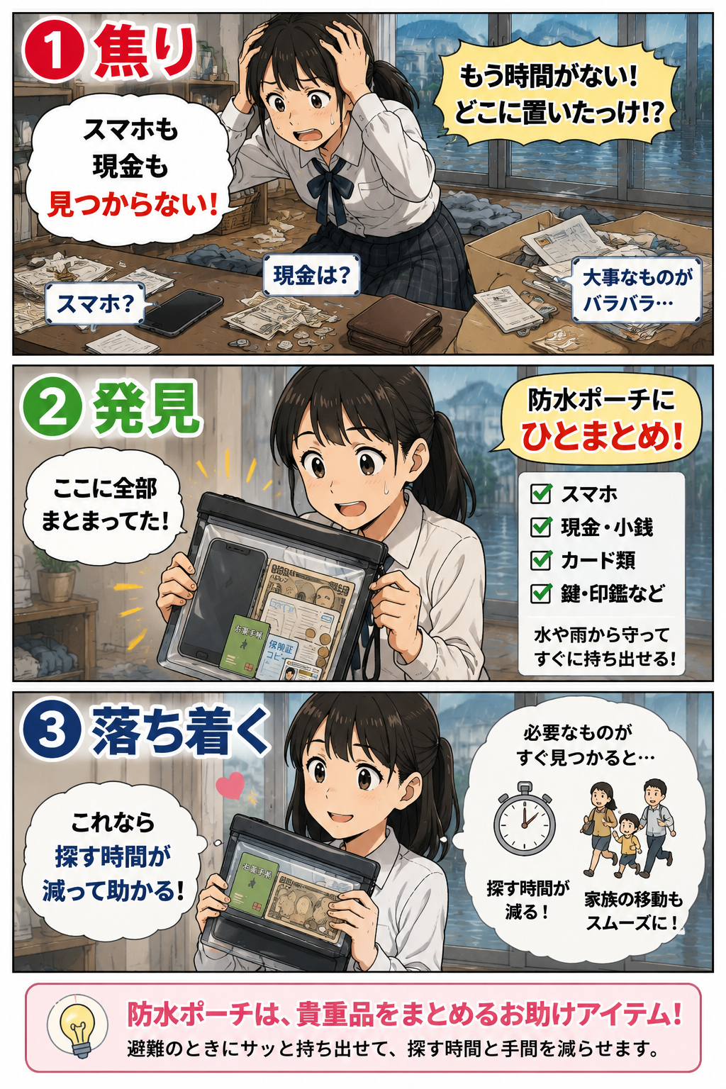 床上浸水前に高校生の娘がスマホや現金を防水ポーチにまとめて探す時間を減らしている漫画