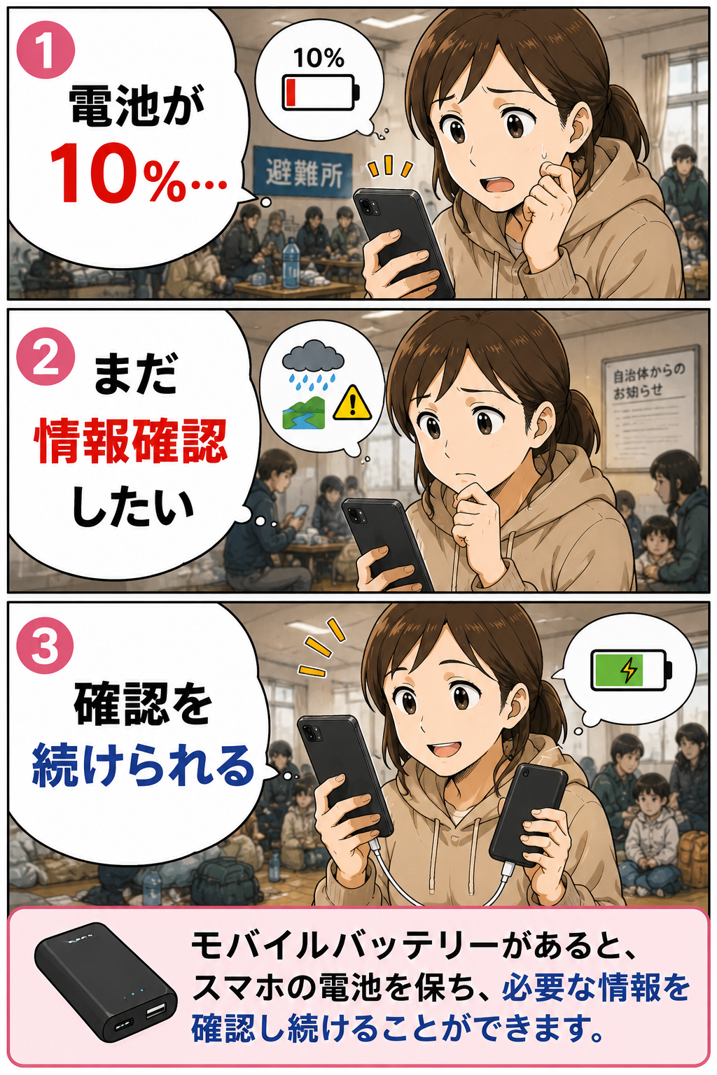 避難所でモバイルバッテリーを使いスマホの情報確認を続ける母親の防災漫画