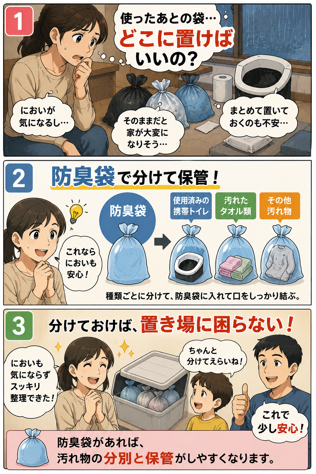 使用済み袋や汚れ物を防臭袋で分けて保管する家族の漫画
