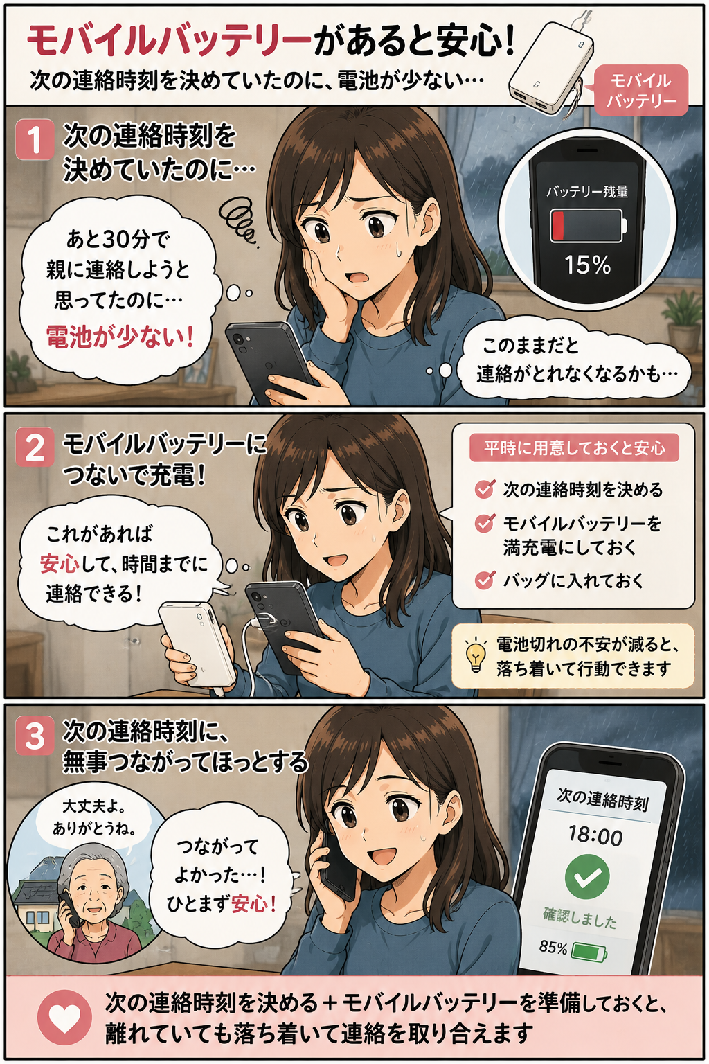次の連絡時刻前にスマホの電池残量を気にしてモバイルバッテリーで充電する娘の漫画