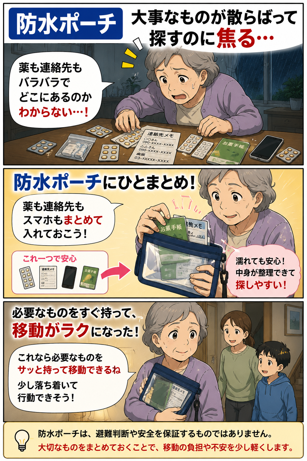 高齢女性が薬や連絡先を防水ポーチにまとめて移動準備をする漫画