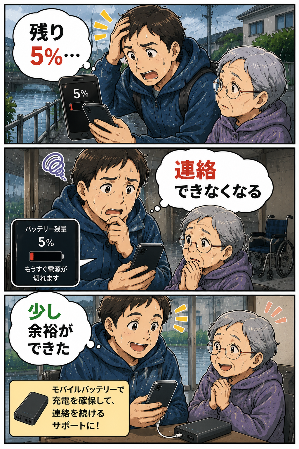 大雨時に介助者役の息子がモバイルバッテリーでスマホの充電を確保する漫画