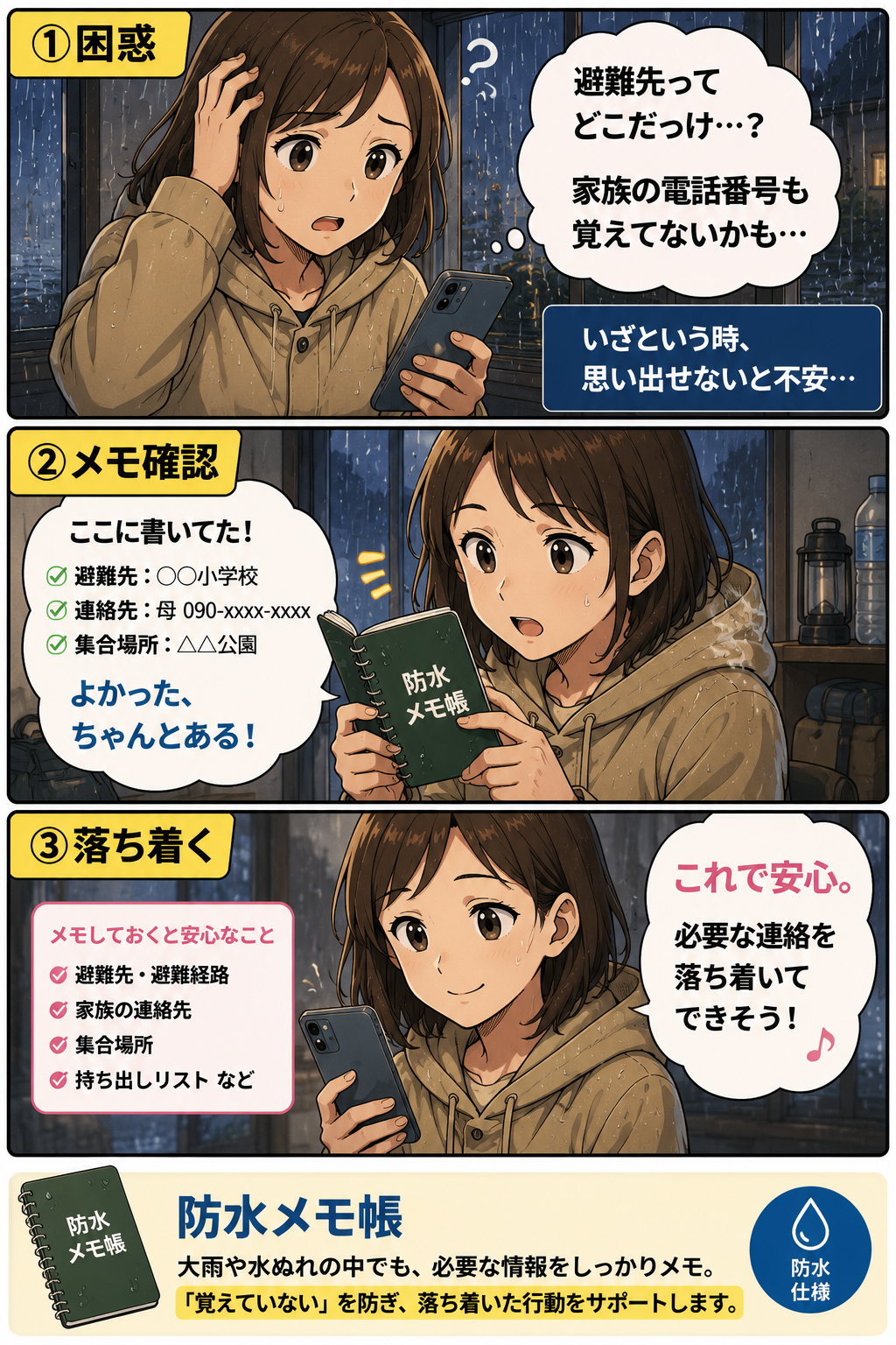 大雨時に避難先や電話番号を思い出せず困る30代女性が防水メモ帳を確認して落ち着く漫画