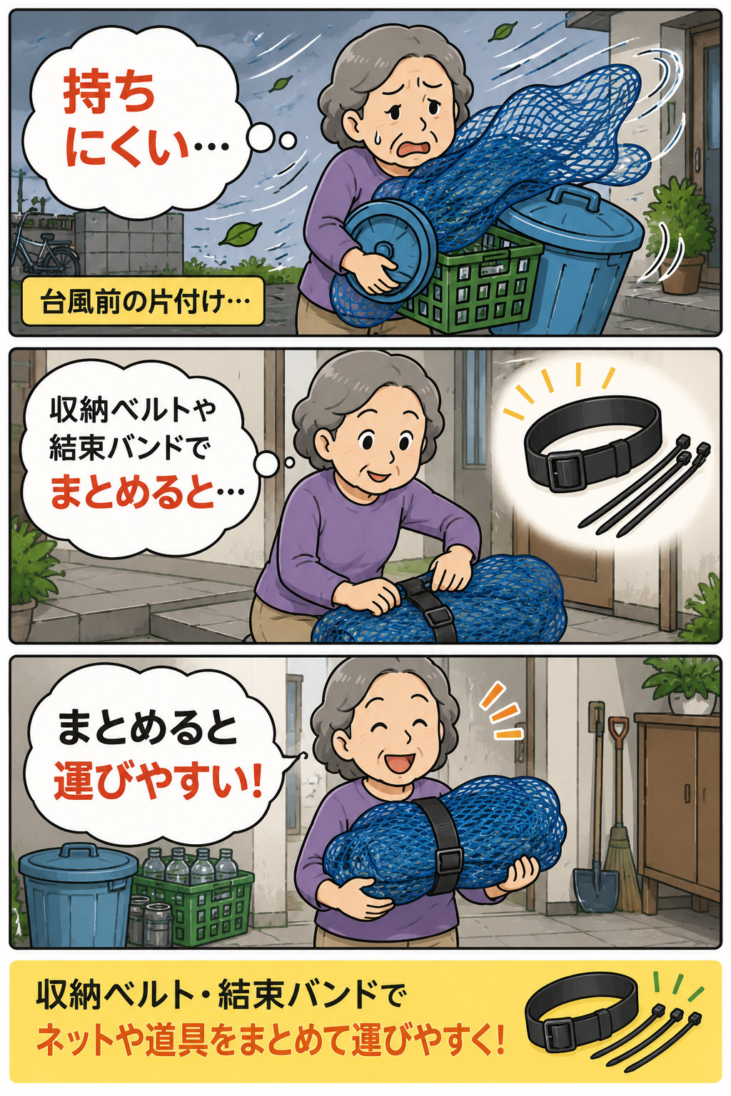 台風前に収納ベルトや結束バンドでネットや道具をまとめて運ぶ祖母の漫画