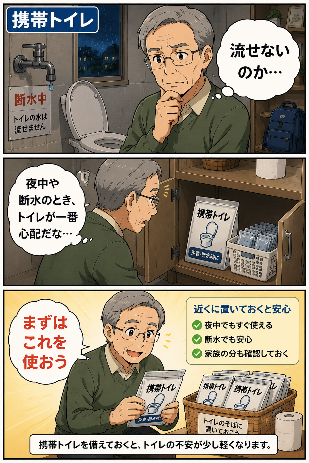 祖父が断水時に携帯トイレを確認してトイレ不安を軽くしている漫画
