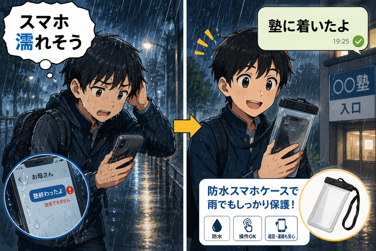 大雨の通学中に防水スマホケースでスマホを守る漫画