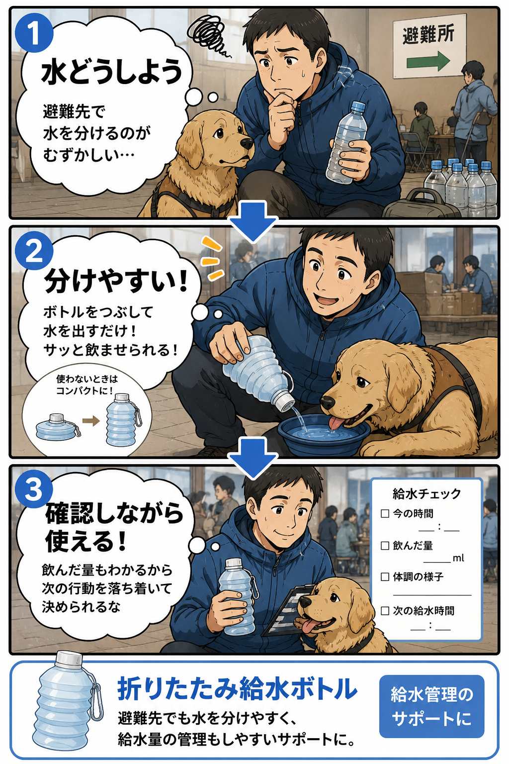 避難先でペットに水を与える折りたたみ給水ボトルの漫画