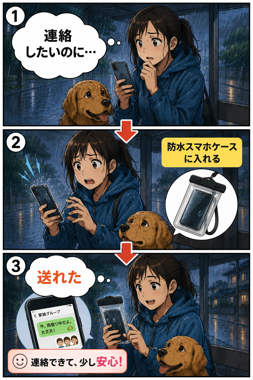 犬の散歩中に防水スマホケースで家族へ連絡する漫画
