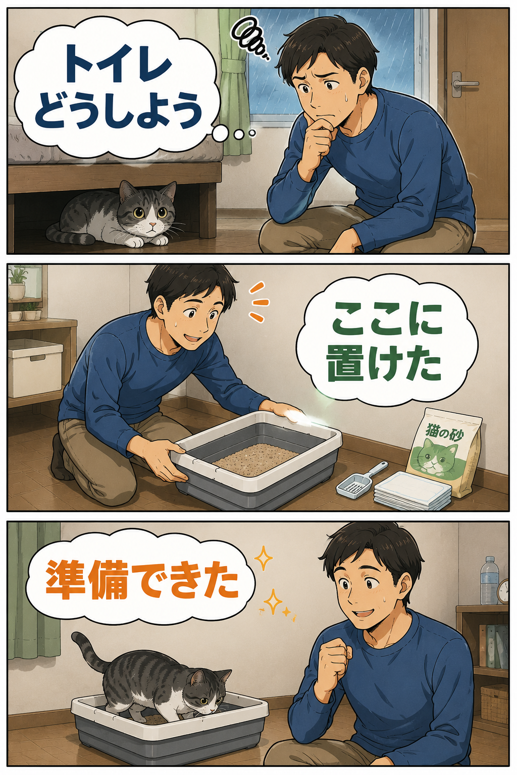室内待機の部屋に折りたたみ猫トイレを用意する漫画