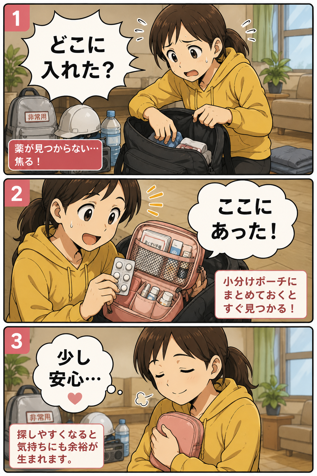 安心グッズと生活用品を小分けポーチで分ける漫画