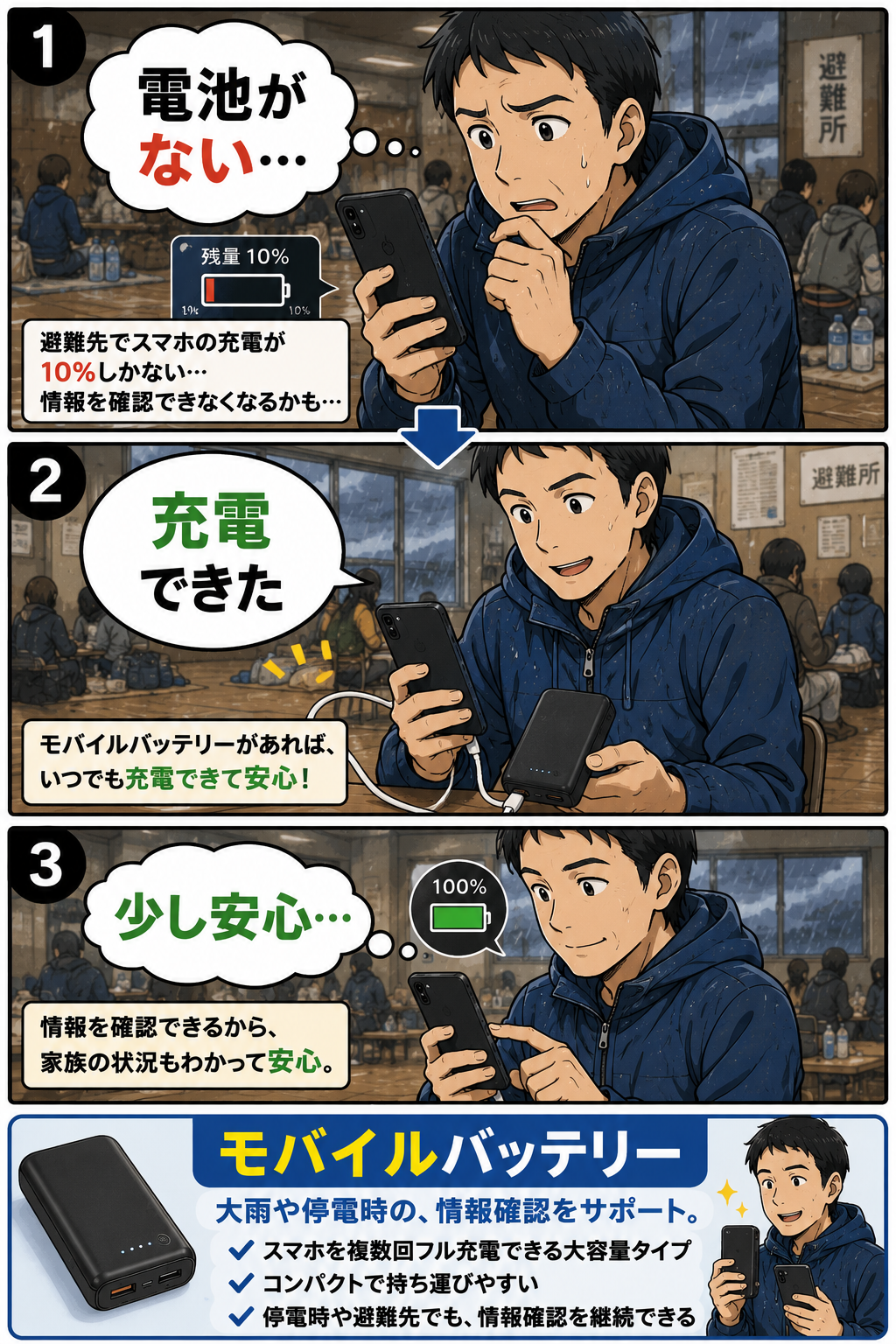 モバイルバッテリーを使って準備や確認の負担を減らす漫画
