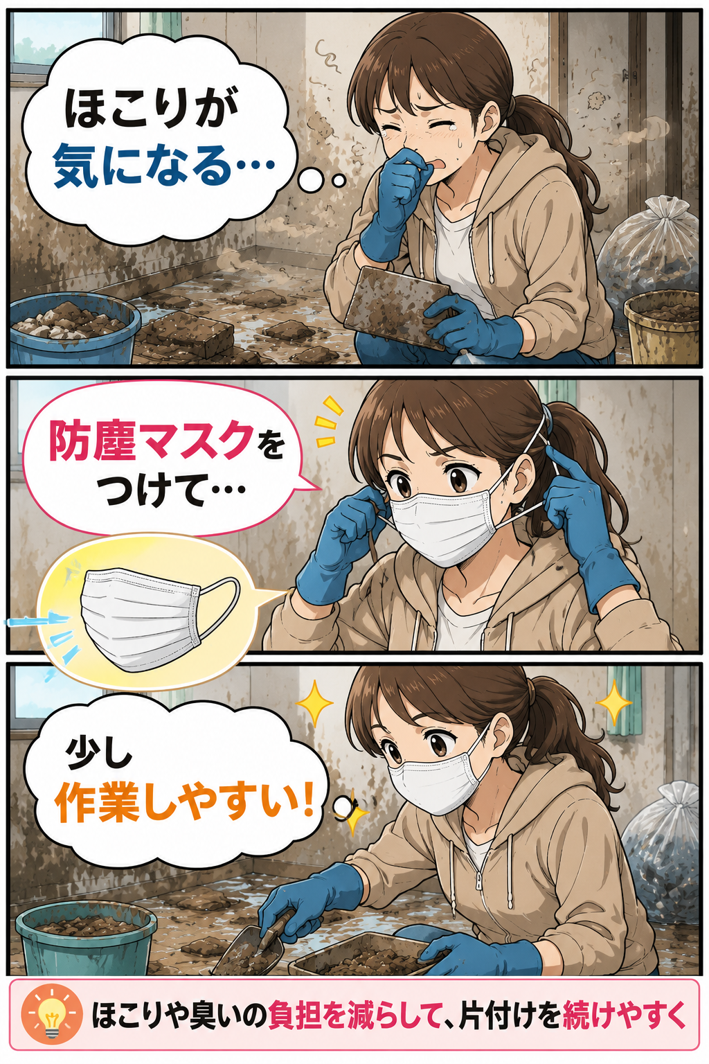 防塵マスクを使って準備や確認の負担を減らす漫画
