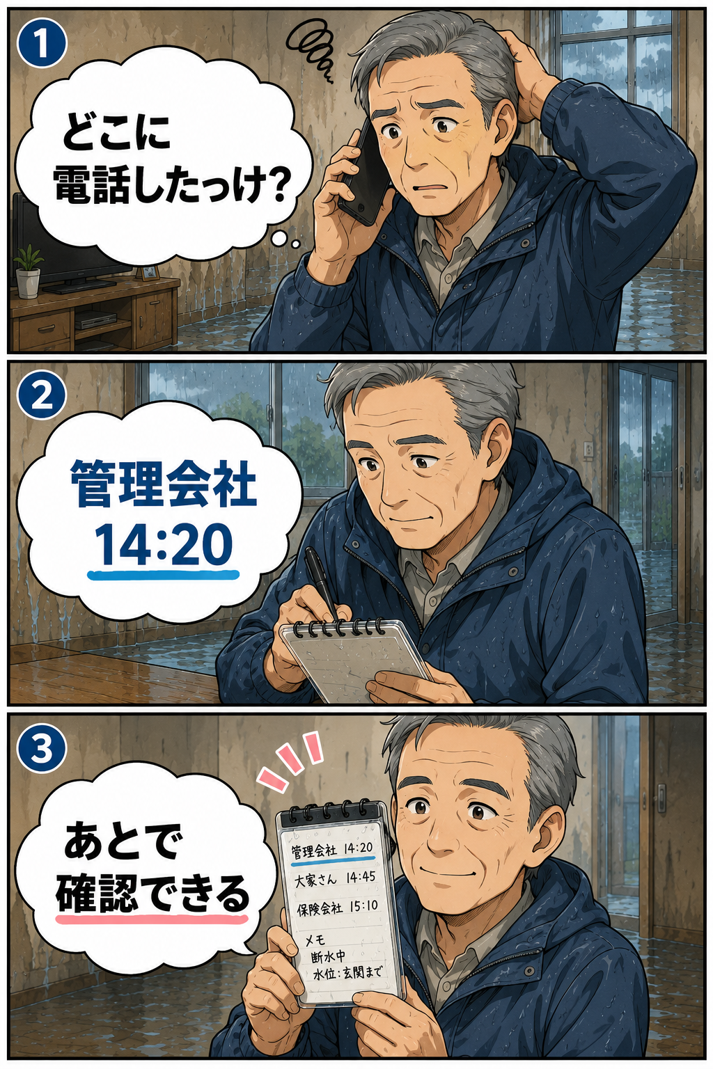 防水メモ帳を使って準備や確認の負担を減らす漫画