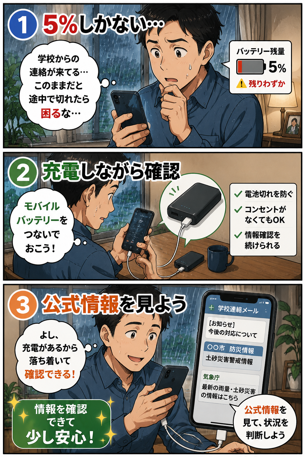 モバイルバッテリーを使って準備や確認の負担を減らす漫画