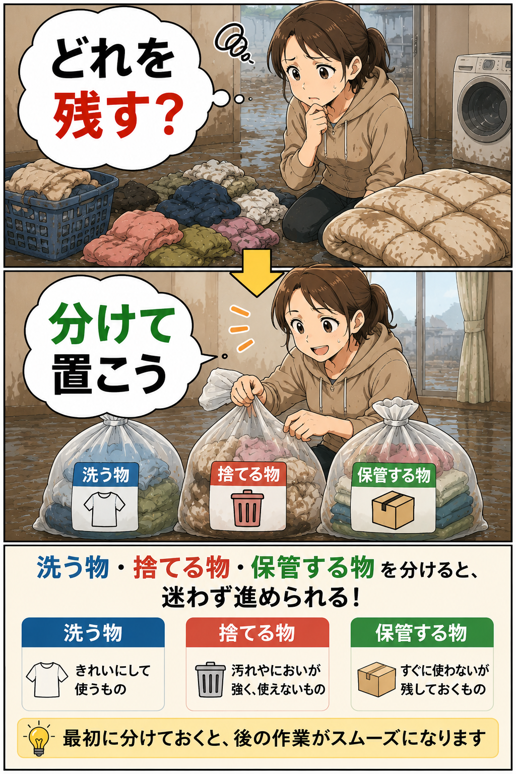 大型ビニール袋を使って準備や確認の負担を減らす漫画