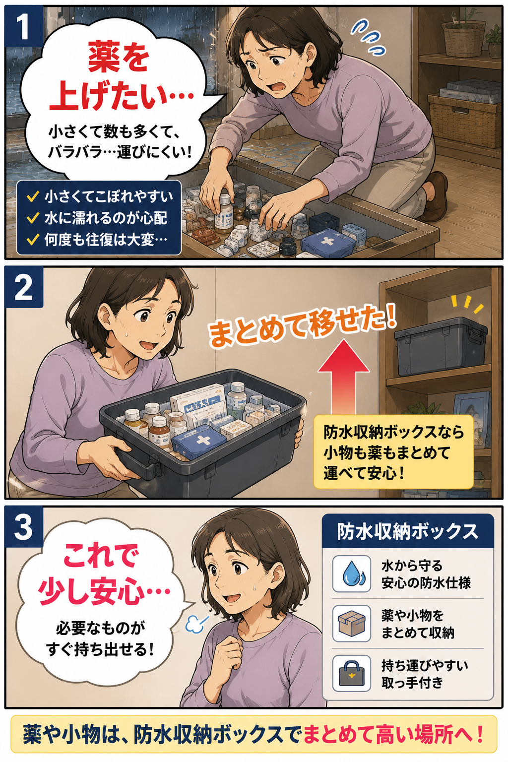防水収納ボックスを使って準備や確認の負担を減らす漫画