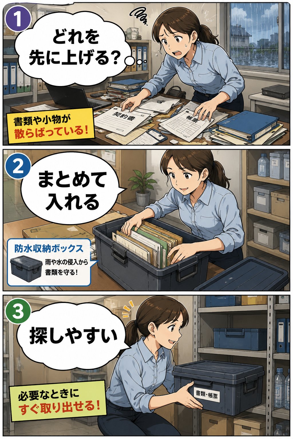防水収納ボックスを使って準備や確認の負担を減らす漫画