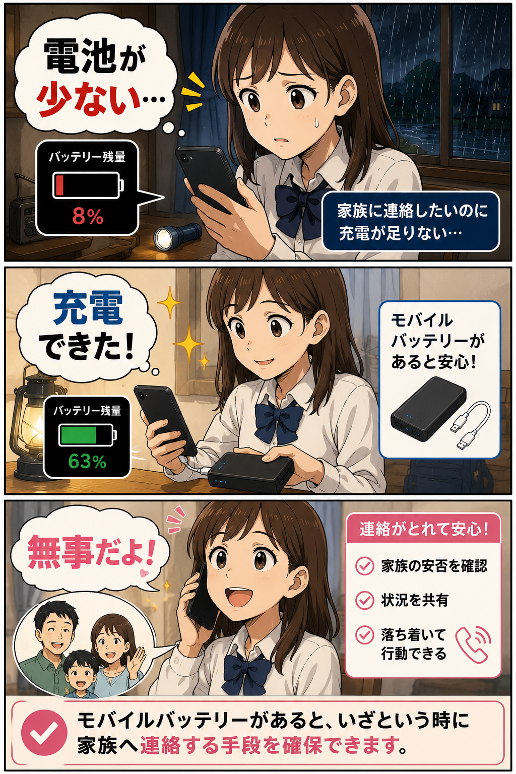 モバイルバッテリーを使って準備や確認の負担を減らす漫画