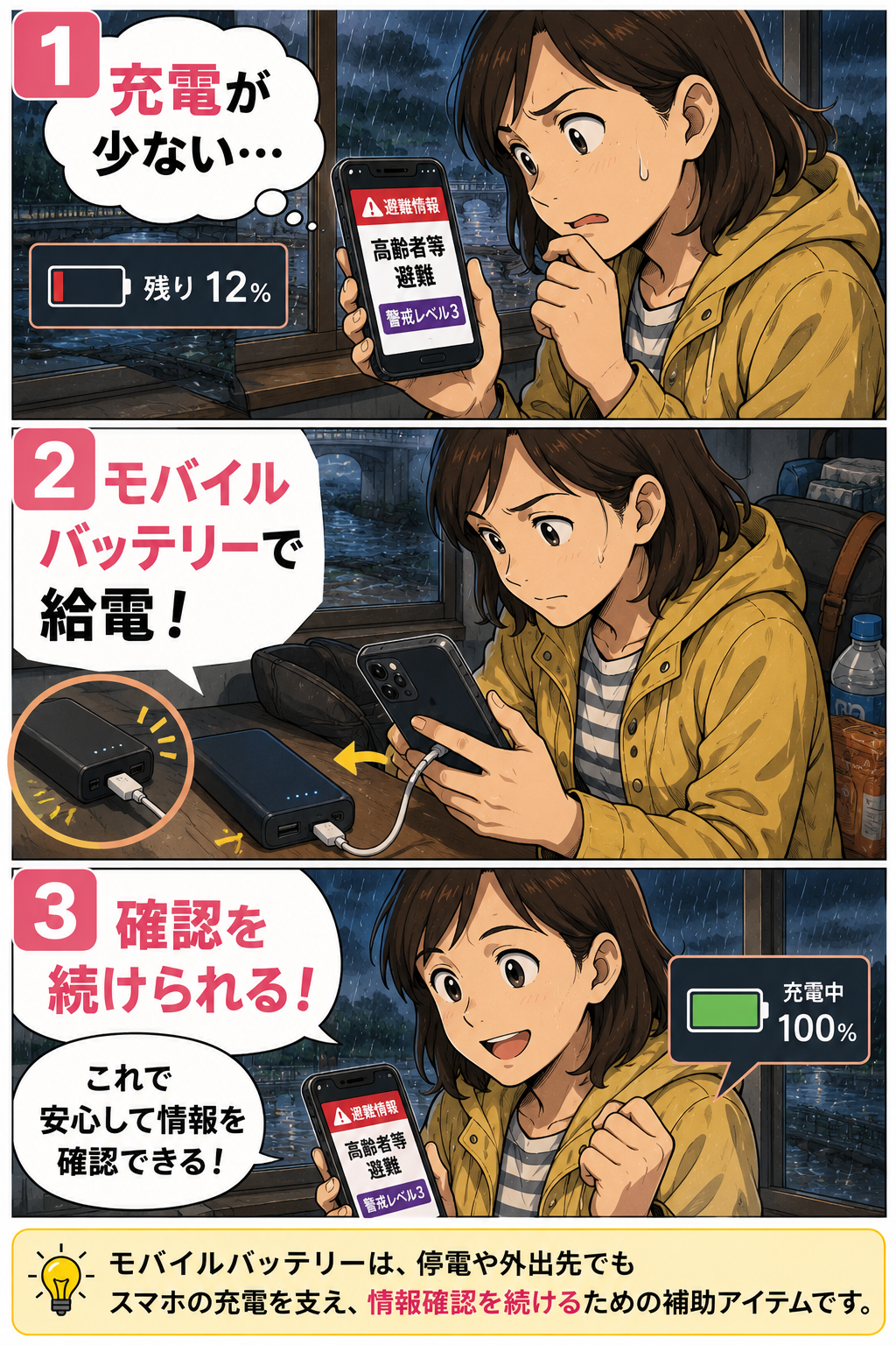 モバイルバッテリーを使って準備や確認の負担を減らす漫画