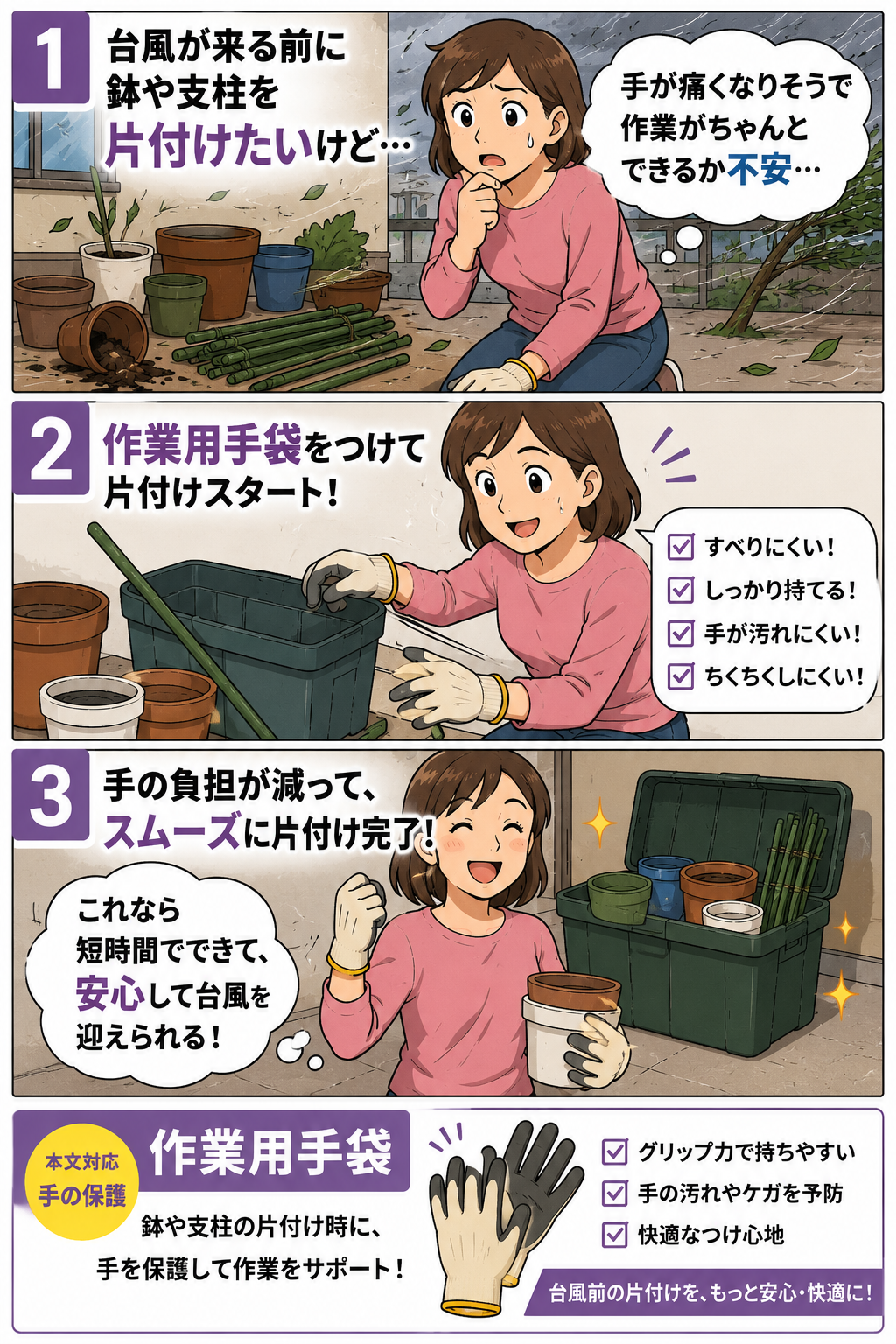 台風前に作業用手袋をつけて鉢や支柱を片付ける母親の漫画